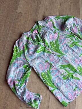 Lilly Pulitzer Silk Pink & Green Floral Peasant Blouse